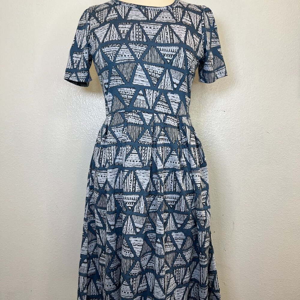 NWOT LulaRoe Amelia Blue White Geometric‎ Print Dress Size L